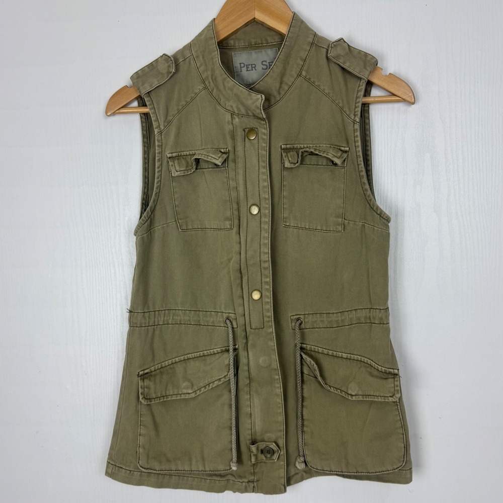 PER SE Utility‎ Cargo Vest Green Khaki Military Pocket Drawstring Women Size XS